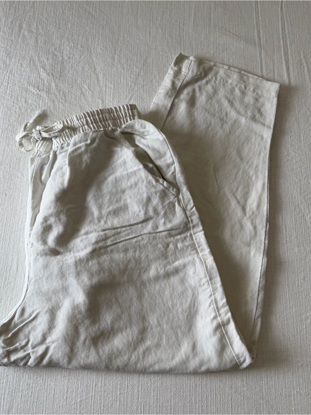 Essentials Style White Linen Blend Drawstring Pull-On Pants - Picture 1 of 4
